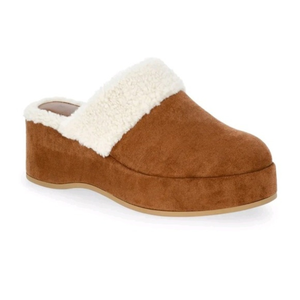 Faux Shearling Wedge Clogs Brown Womens 9 Slip-On Platform Cozy Fall  New - Picture 4 of 9